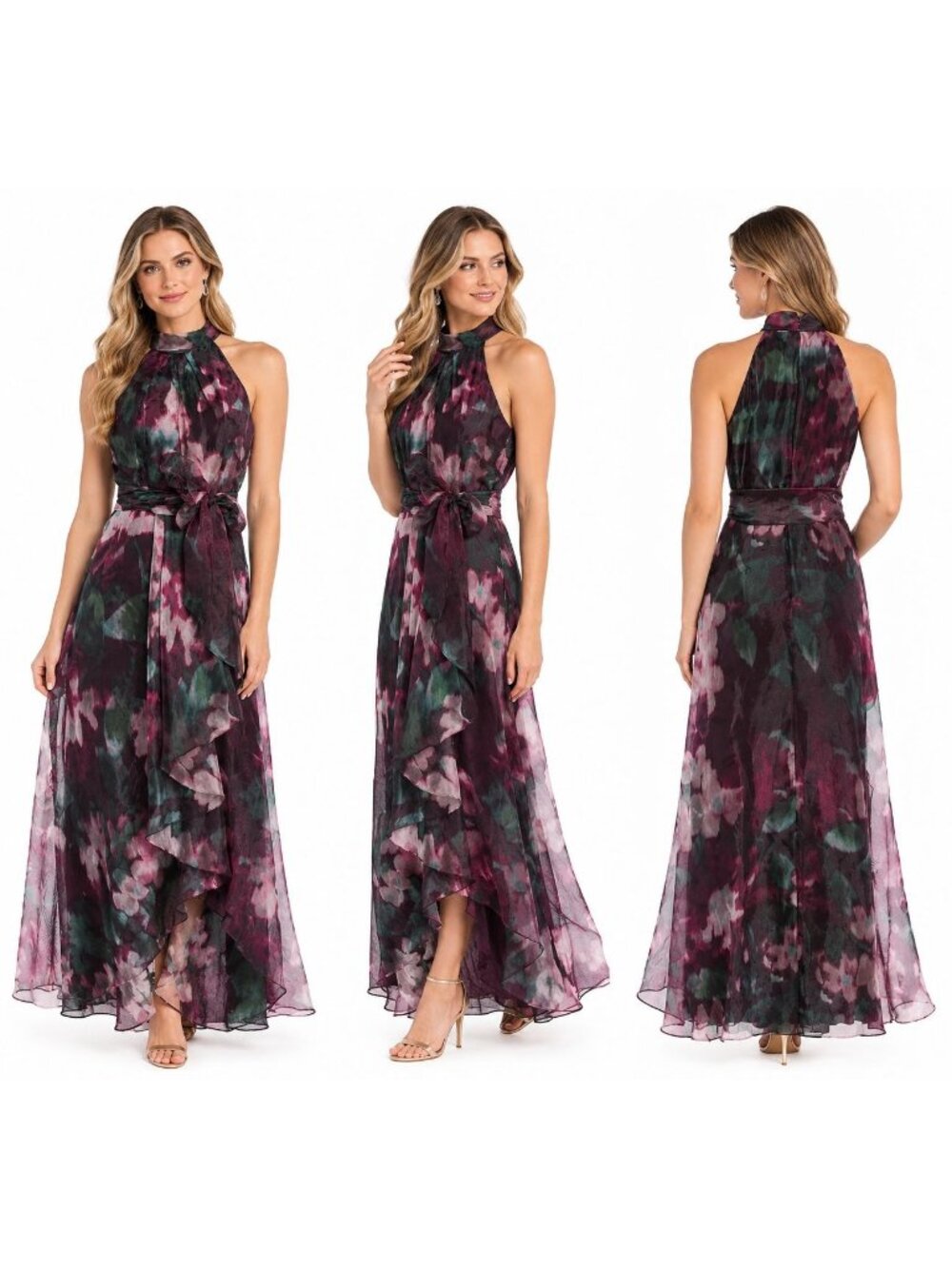 R&M Richards Organza Halter Dress Maxi Length Smocked Waistband Ruffled Hem sz18